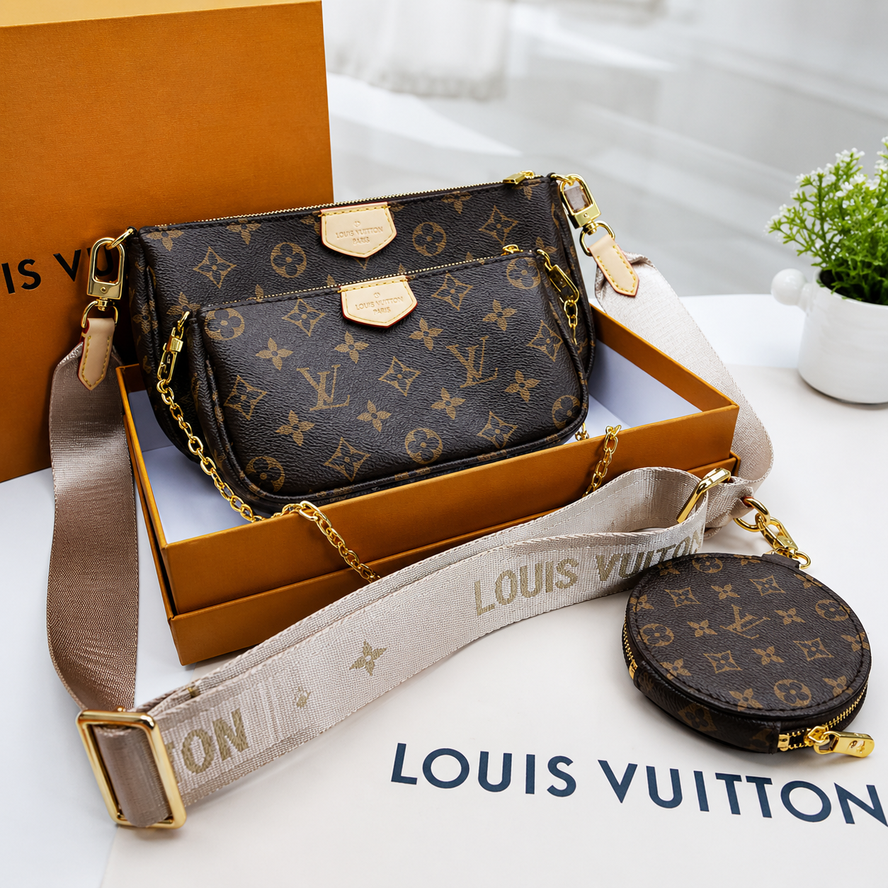 Louis Vuitton Multi Pochette Accessoires with Elegant Beige Strap