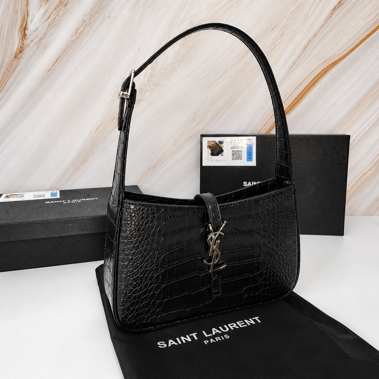 Saint Laurent YSL Le 5 à 7 Black Croc-Embossed Leather Bag with Silver Hardware