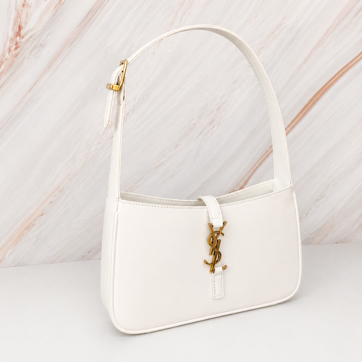 Saint Laurent YSL Le 5 à 7 Smooth White Leather Bag with Gold Hardware