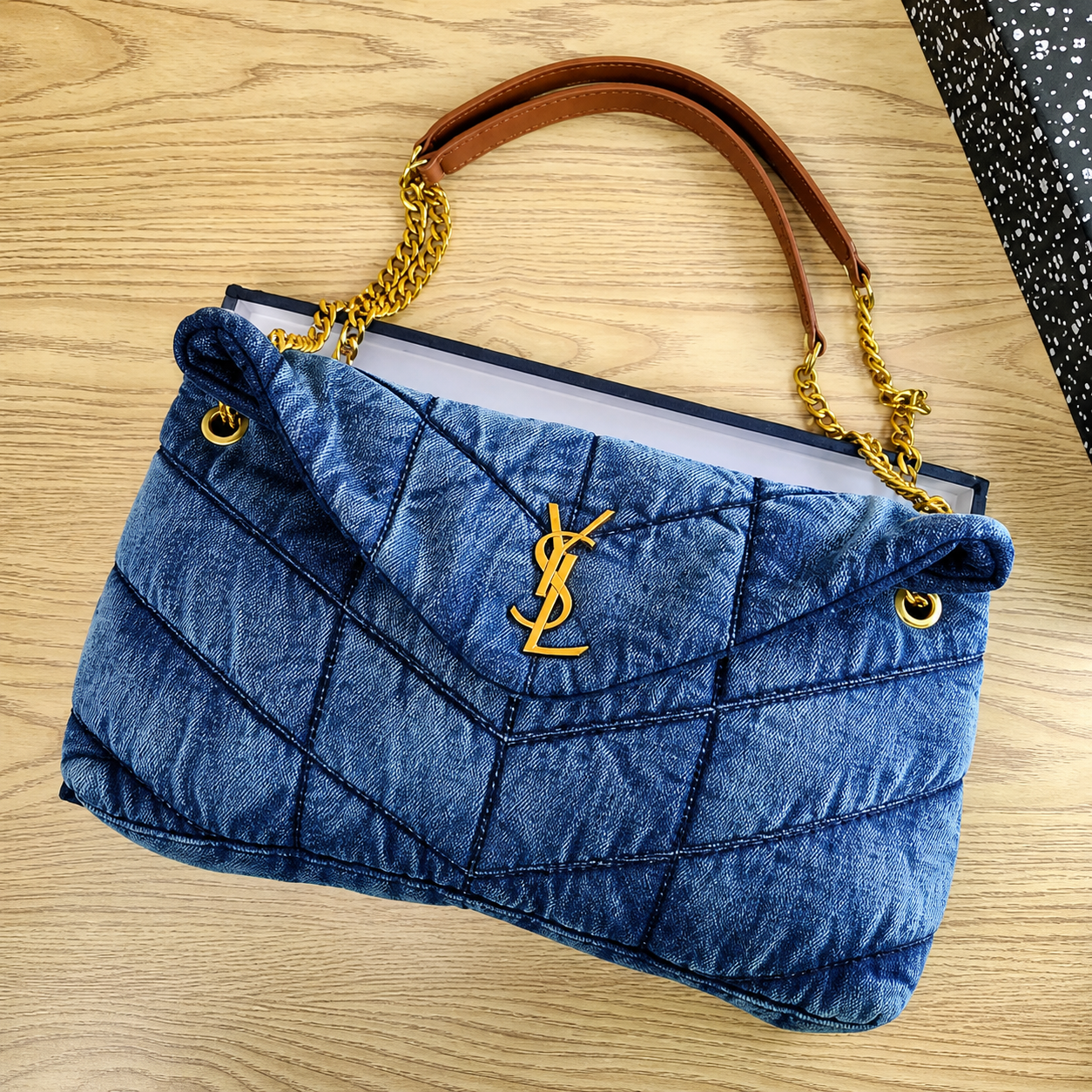 Saint Laurent YSL Lou Puffer Denim Shoulder Bag with Gold Hardware