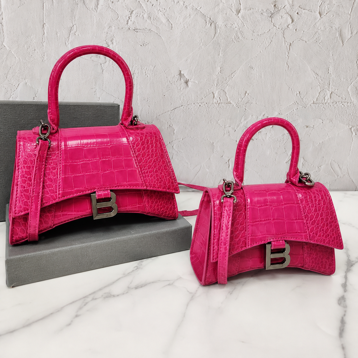 Balenciaga Hourglass Pink Croc-Embossed Bag with Silver Hardware