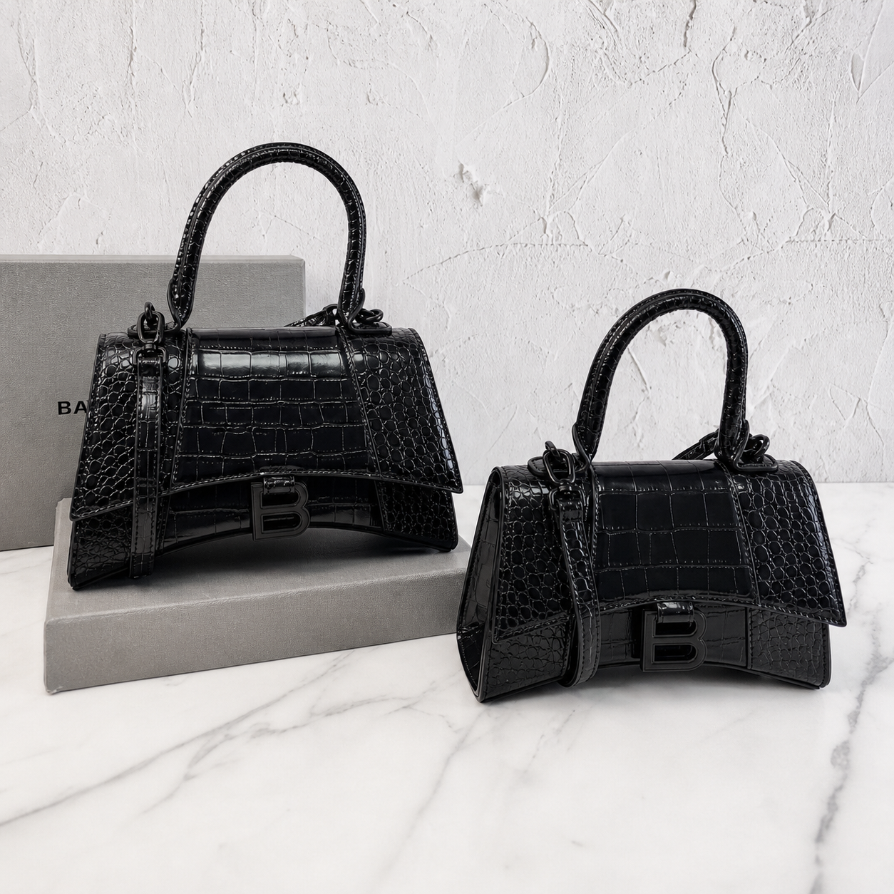 Balenciaga Hourglass Black Croc-Embossed Bag with Matte Black Hardware