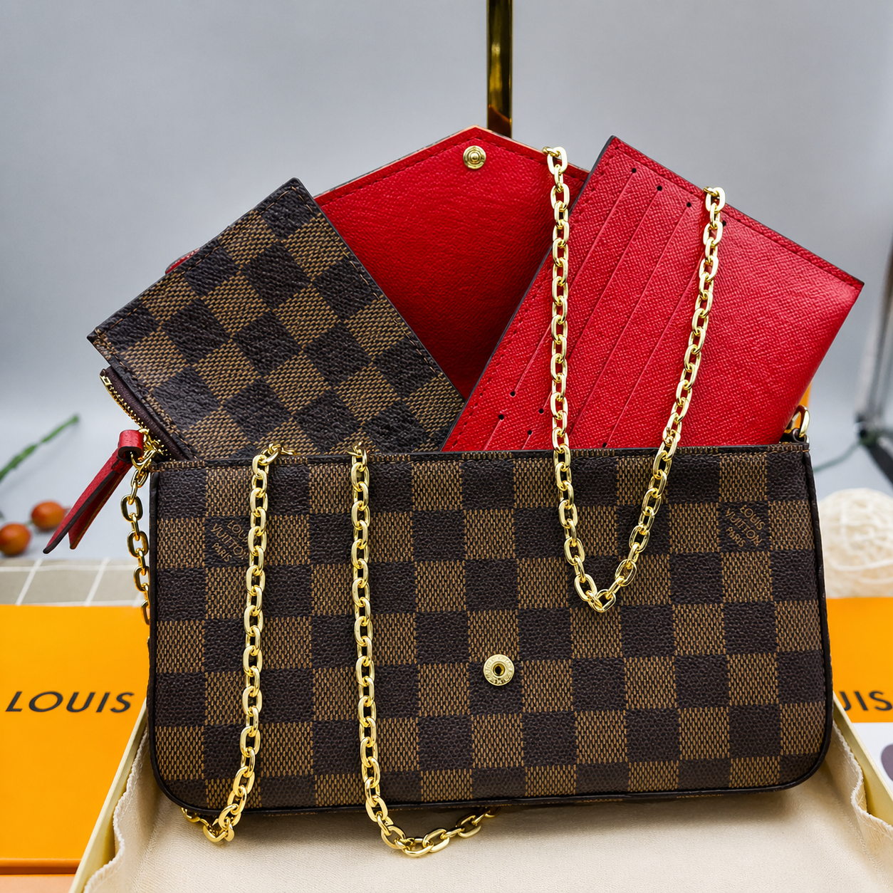 Louis Vuitton Pochette Félicie Damier Ebène with Red Interior
