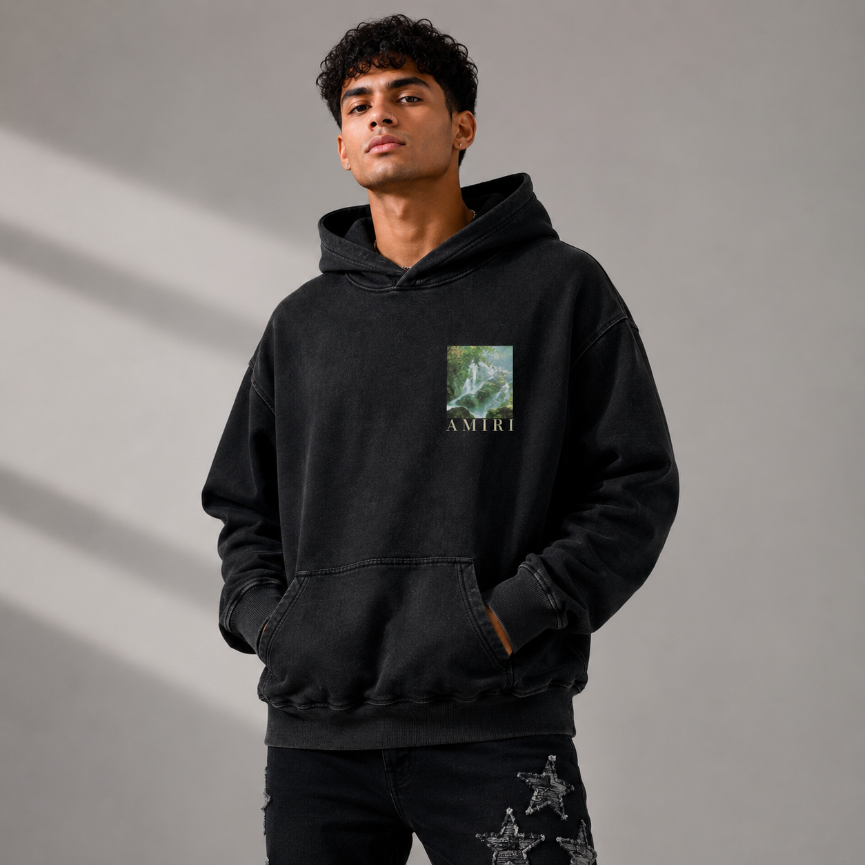 Amiri Graphic Chest Logo Washed Black Hoodie - Luxury Designer Streetwear