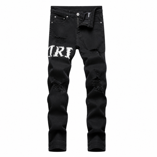 Amiri Black Distressed Logo Jeans - Premium Gothic Font Designer Denim