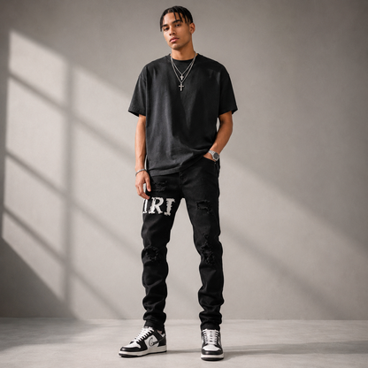Amiri Black Distressed Logo Jeans - Premium Gothic Font Designer Denim