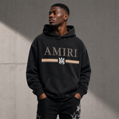 Amiri Bar Logo Washed Black Hoodie - Premium Luxury Designer Streetwear