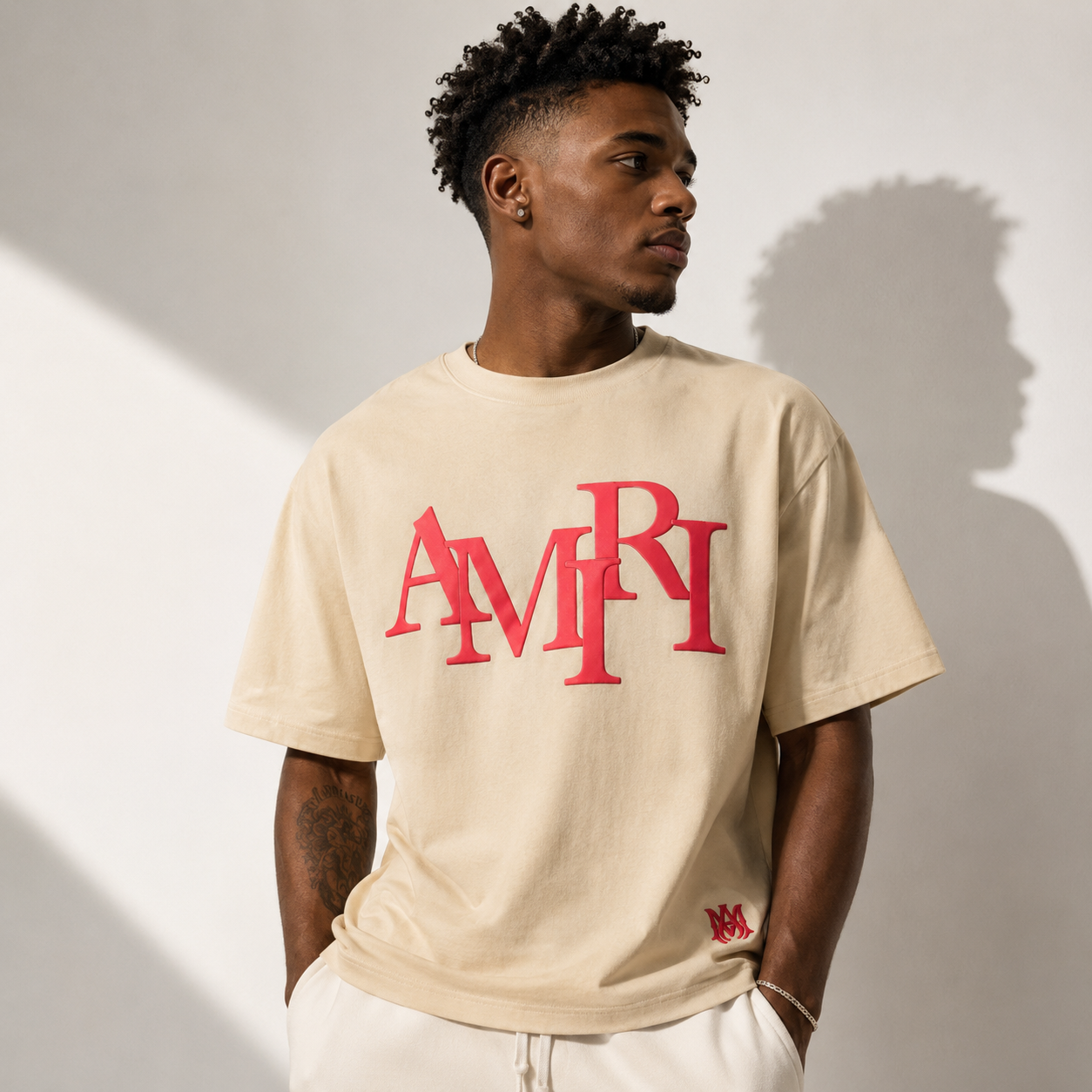 Amiri Red Staggered Logo Cream T-Shirt - Premium Luxury Designer Streetwear