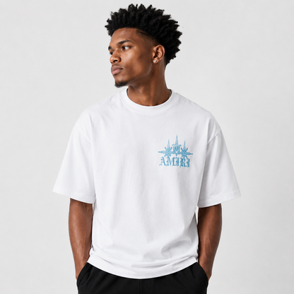 Amiri Blue Starburst Logo White T-Shirt - Premium Luxury Designer Streetwear