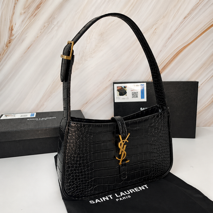 Saint Laurent YSL Le 5 à 7 Black Croc-Embossed Leather Bag with Gold Hardware