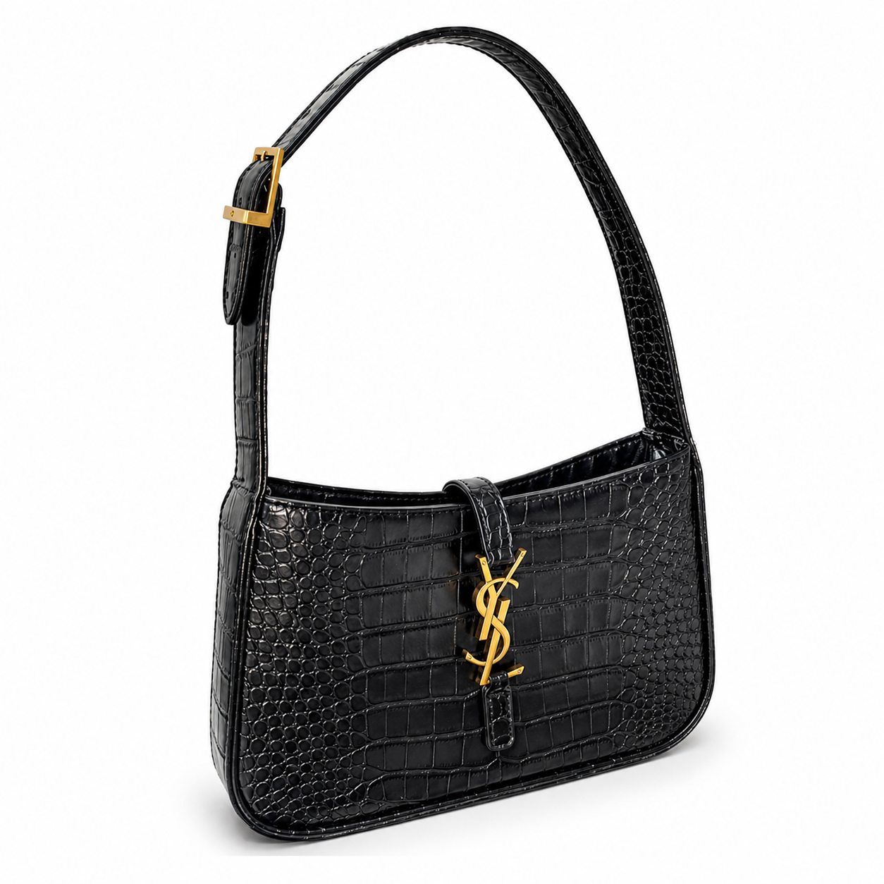 Saint Laurent YSL Le 5 à 7 Black Croc-Embossed Leather Bag with Gold Hardware