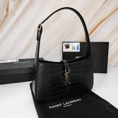 Saint Laurent YSL Le 5 à 7 Black Croc-Embossed Leather Bag with Silver Hardware