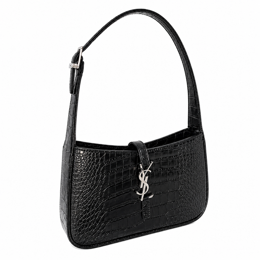 Saint Laurent YSL Le 5 à 7 Black Croc-Embossed Leather Bag with Silver Hardware
