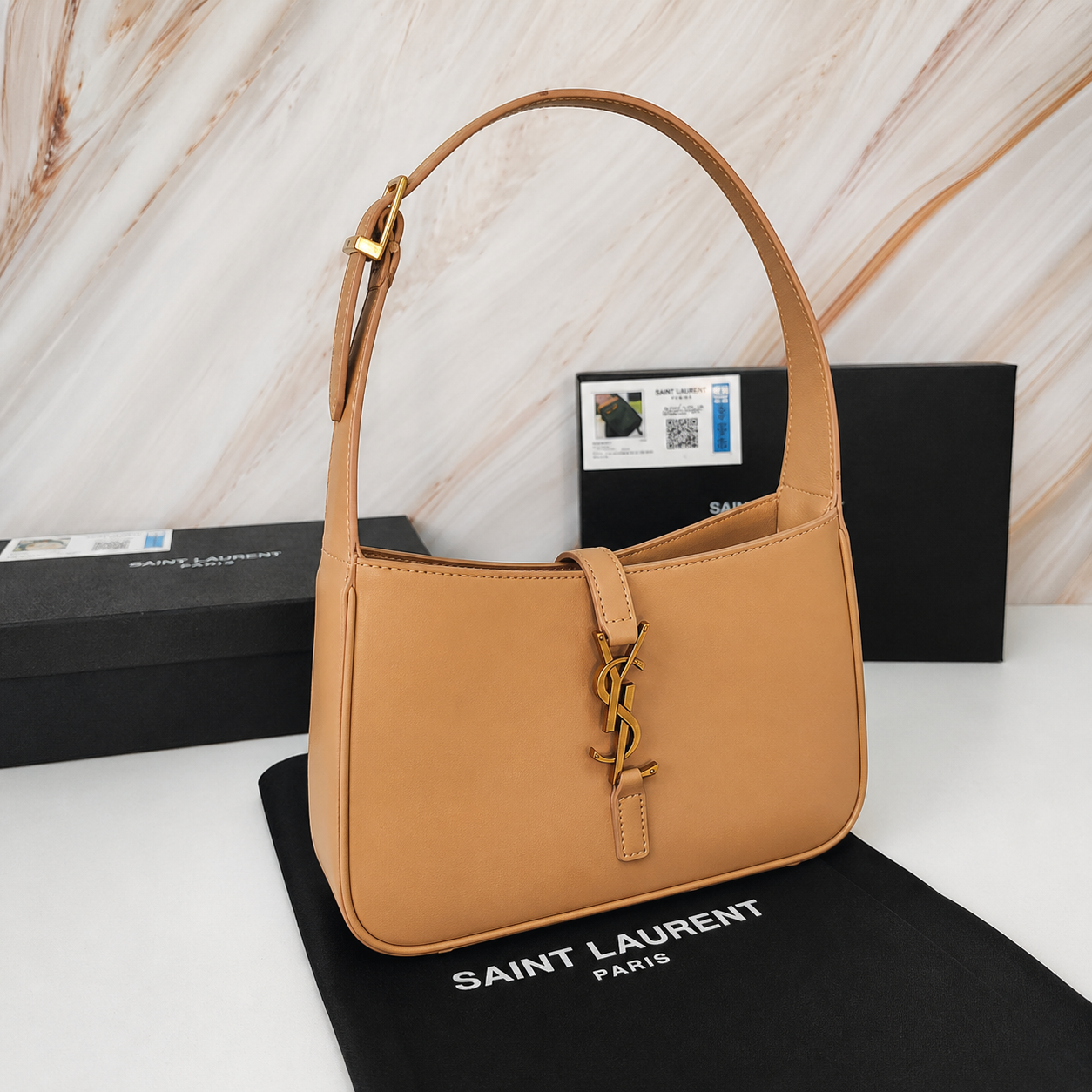 Saint Laurent YSL Le 5 à 7 Smooth Beige Leather Bag with Gold Hardware