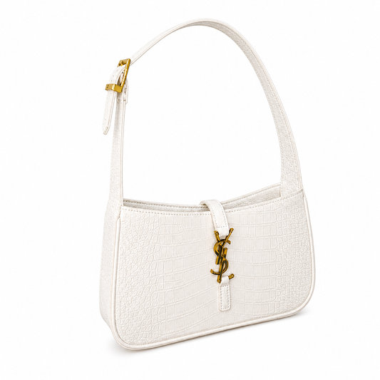 Saint Laurent YSL Le 5 à 7 White Croc-Embossed Leather Bag with Gold Hardware