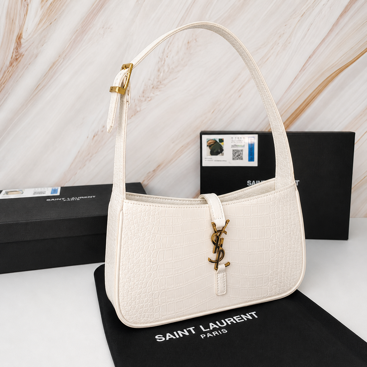 Saint Laurent YSL Le 5 à 7 White Croc-Embossed Leather Bag with Gold Hardware