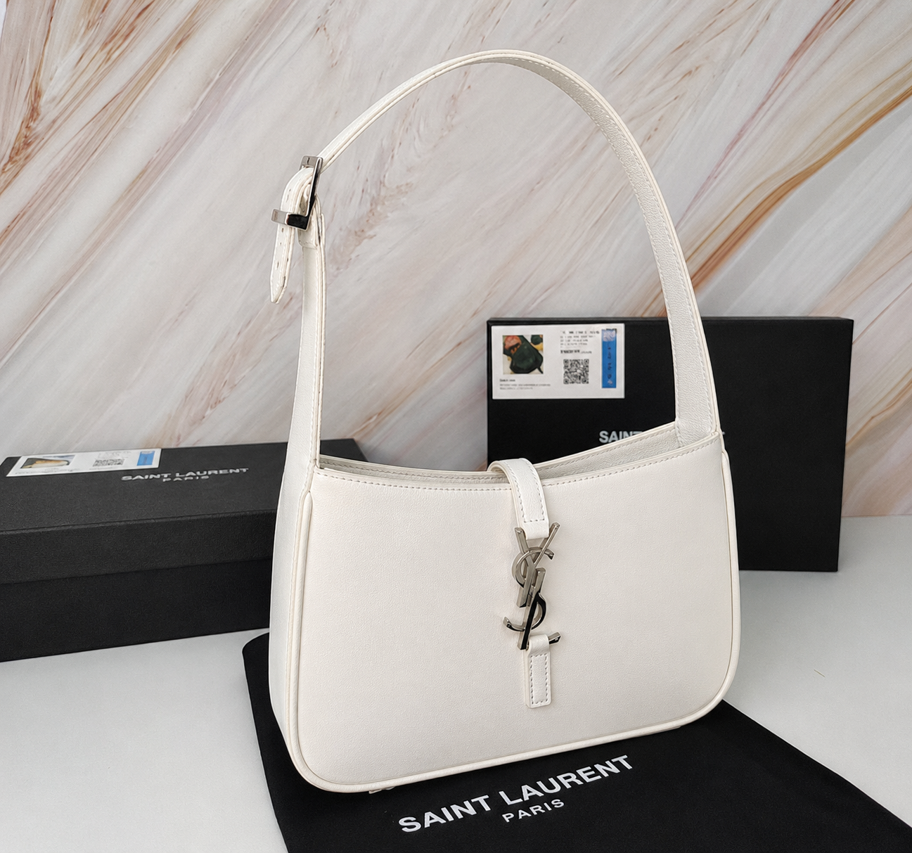 Saint Laurent YSL Le 5 à 7 Smooth White Leather Bag with Silver Hardware