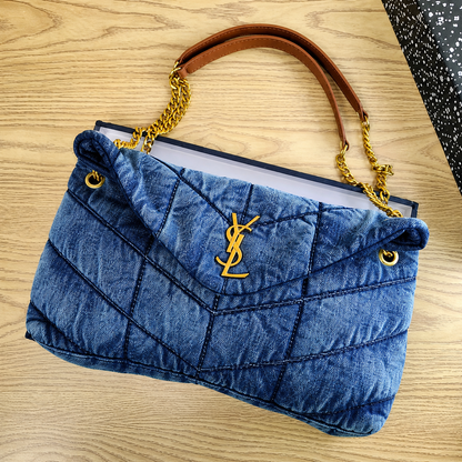 Saint Laurent YSL Lou Puffer Denim Shoulder Bag with Gold Hardware