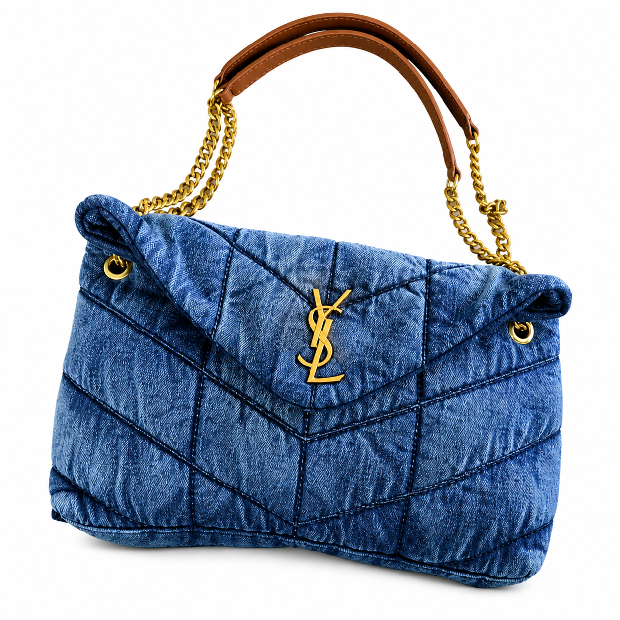 Saint Laurent YSL Lou Puffer Denim Shoulder Bag with Gold Hardware