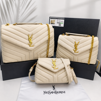 Saint Laurent YSL Loulou Medium Beige Quilted Bag with Gold Hardware
