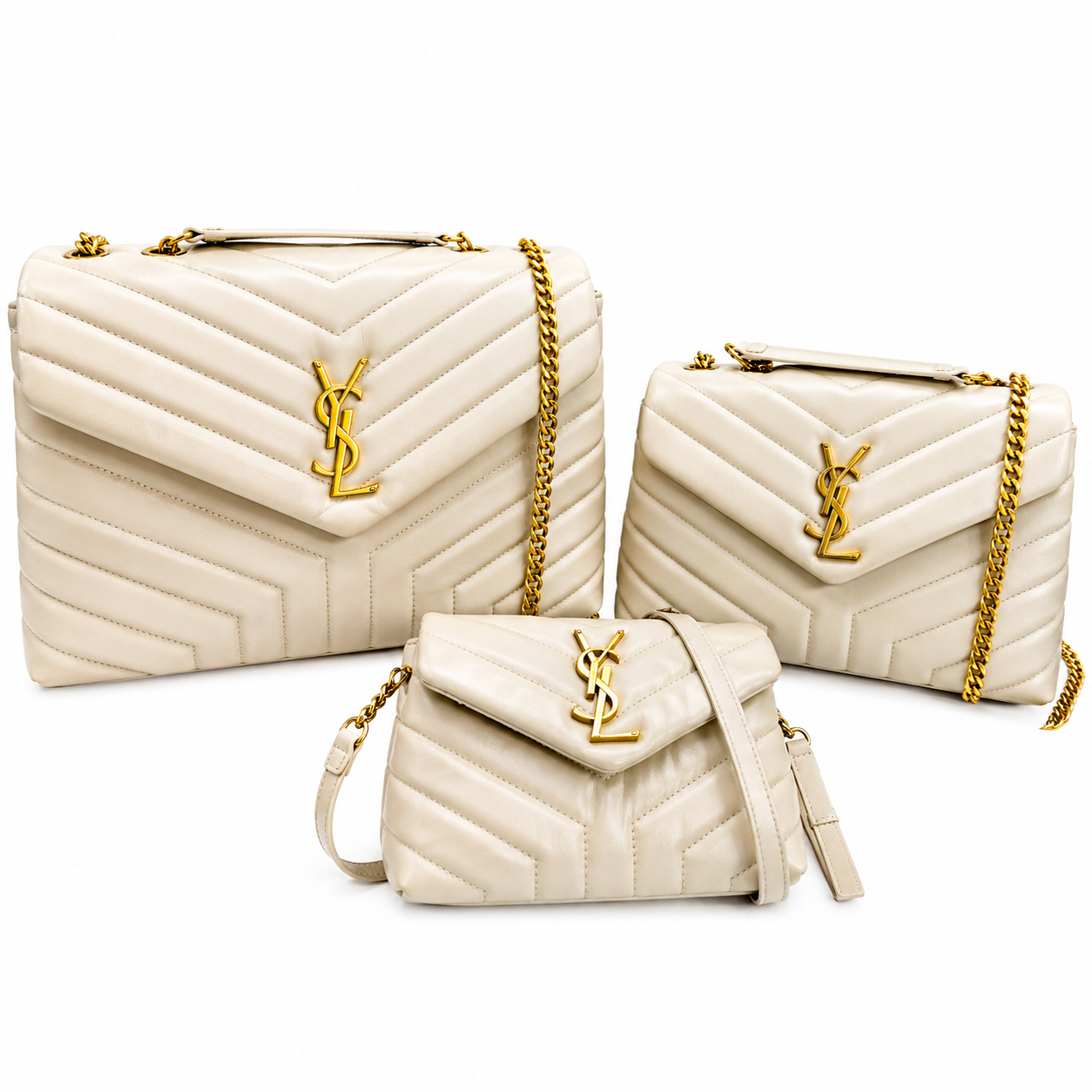 Saint Laurent YSL Loulou Medium Beige Quilted Bag with Gold Hardware