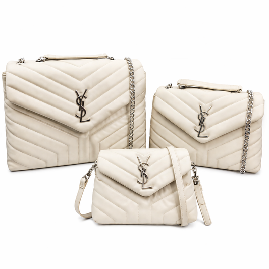 Saint Laurent YSL Loulou Beige Quilted Leather Bag with Silver Hardware