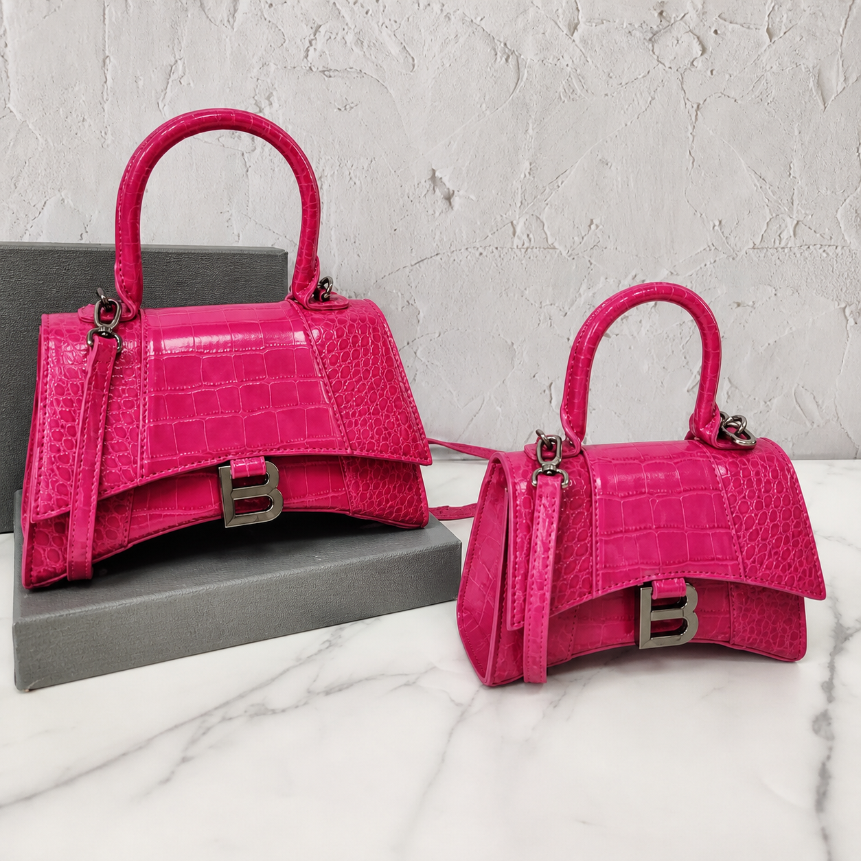 Balenciaga Hourglass Pink Croc-Embossed Bag with Silver Hardware