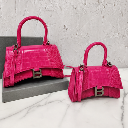 Balenciaga Hourglass Pink Croc-Embossed Bag with Silver Hardware