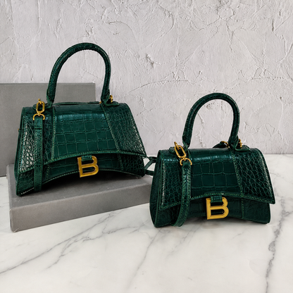 Balenciaga Hourglass Dark Green Croc-Embossed Bag with Gold Hardware