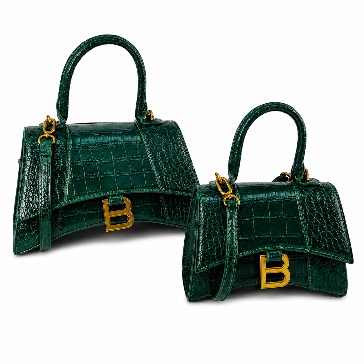 Balenciaga Hourglass Dark Green Croc-Embossed Bag with Gold Hardware