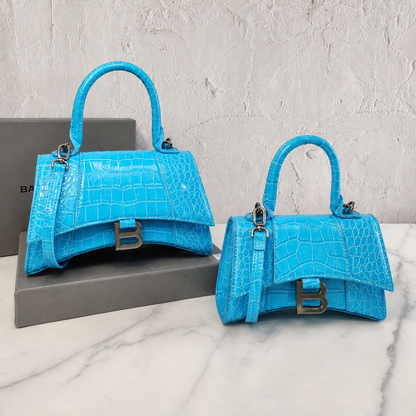 Balenciaga Hourglass Bright Blue Croc-Embossed Bag with Silver Hardware