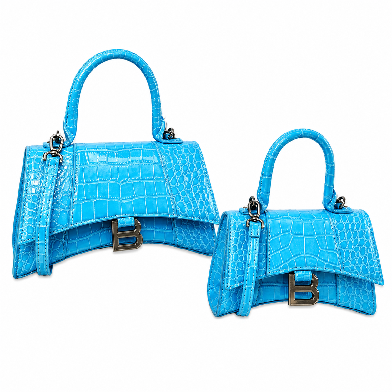 Balenciaga Hourglass Bright Blue Croc-Embossed Bag with Silver Hardware