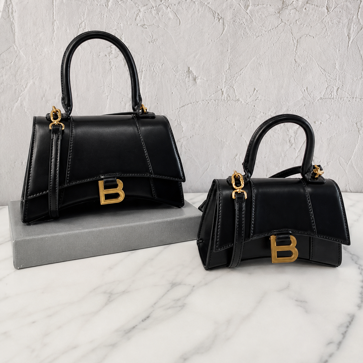 Balenciaga Hourglass Black Smooth Leather Bag with Gold Hardware