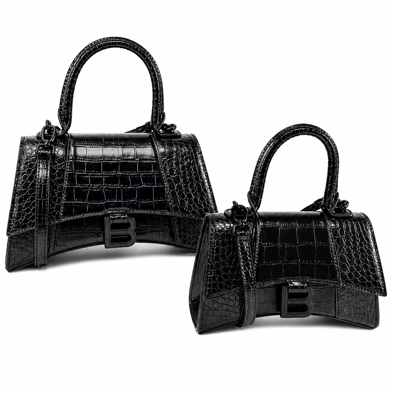 Balenciaga Hourglass Black Croc-Embossed Bag with Matte Black Hardware