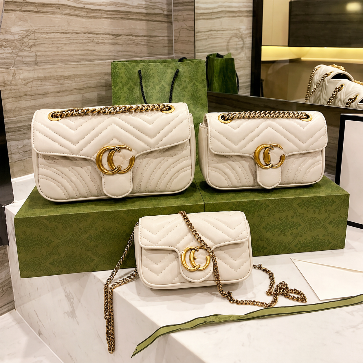 Gucci GG Marmont Matelassé White Leather Shoulder Bag with Mini Gold Hardware