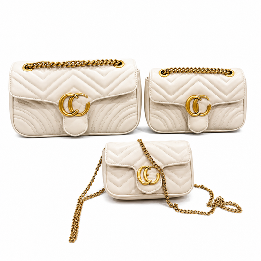 Gucci GG Marmont Matelassé White Leather Shoulder Bag with Large Gold Hardware