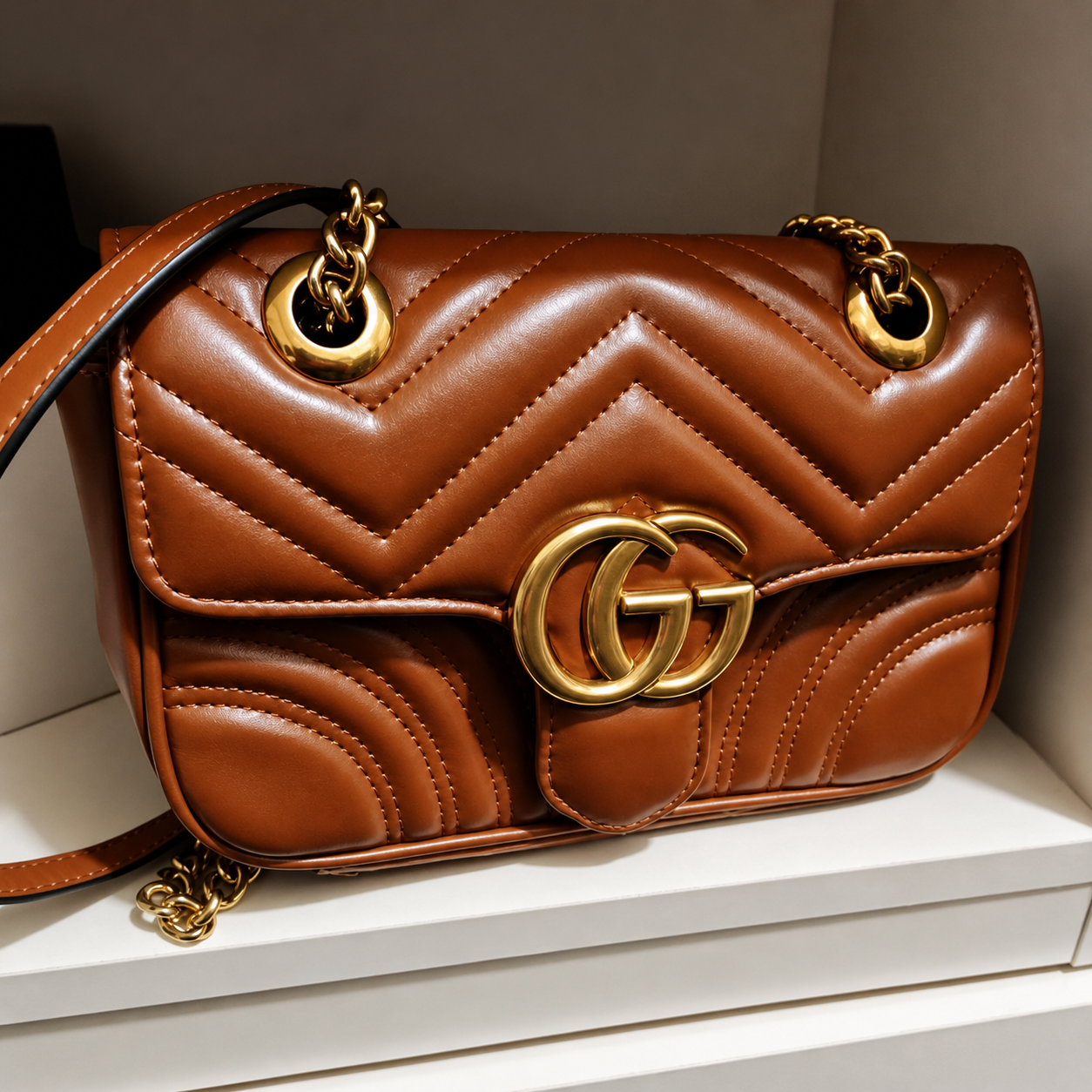 Gucci GG Marmont Caramel Brown Leather Shoulder Bag with Gold Hardware