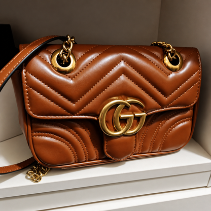 Gucci GG Marmont Caramel Brown Leather Shoulder Bag with Gold Hardware