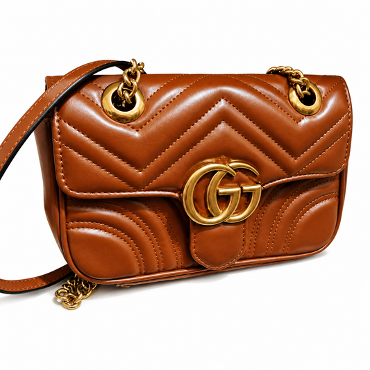Gucci GG Marmont Caramel Brown Leather Shoulder Bag with Gold Hardware