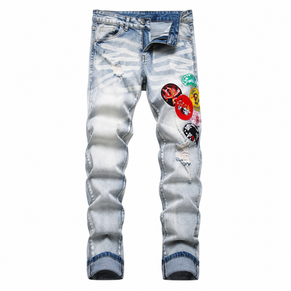 Premium Amiri Distressed Light Wash Jeans - Iconic Multi-Patch Designer Denim