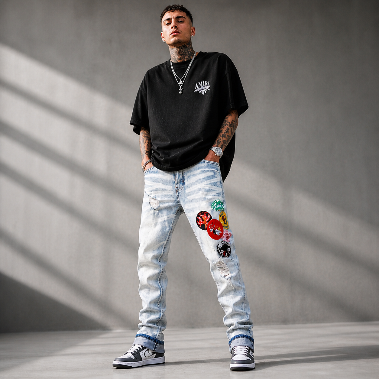 Premium Amiri Distressed Light Wash Jeans - Iconic Multi-Patch Designer Denim