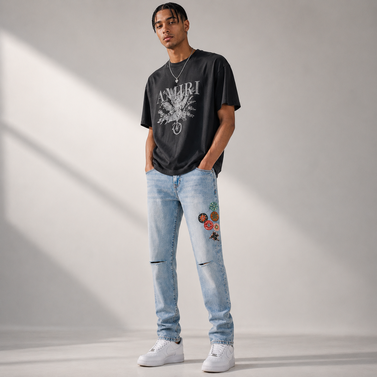 Amiri Light Indigo Distressed Patch Jeans - Luxury Slim Fit Designer Denim