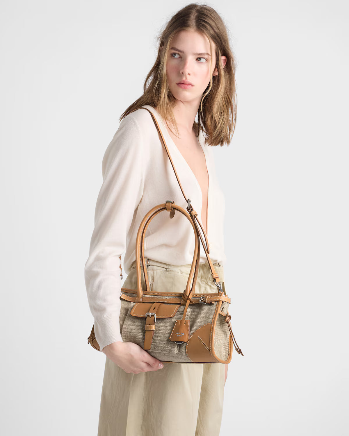Prada Bonnie medium linen and leather handbag